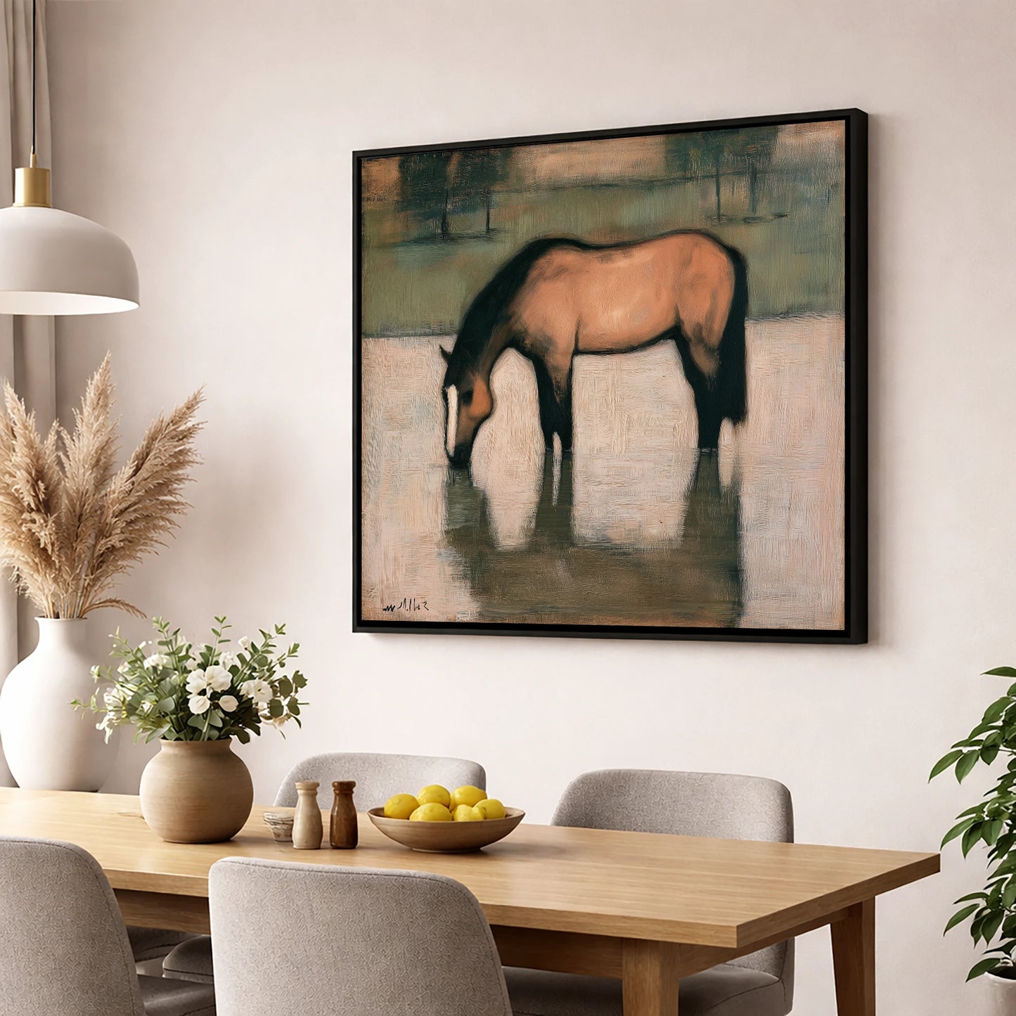 Quiet Reflection horse portrait wall art displayed in a dining room