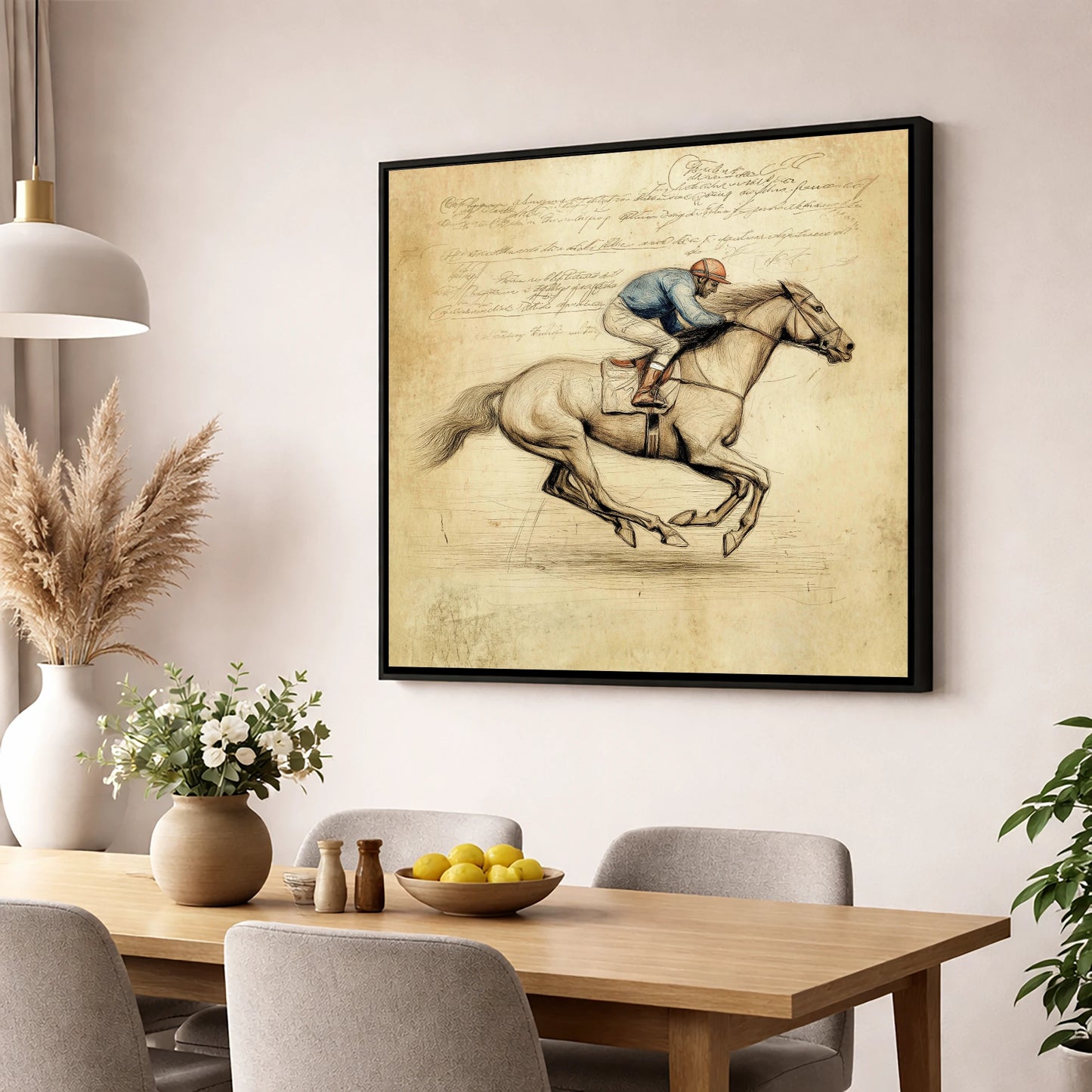 Vintage Racing Study racing horse wall art displayed in a dining room