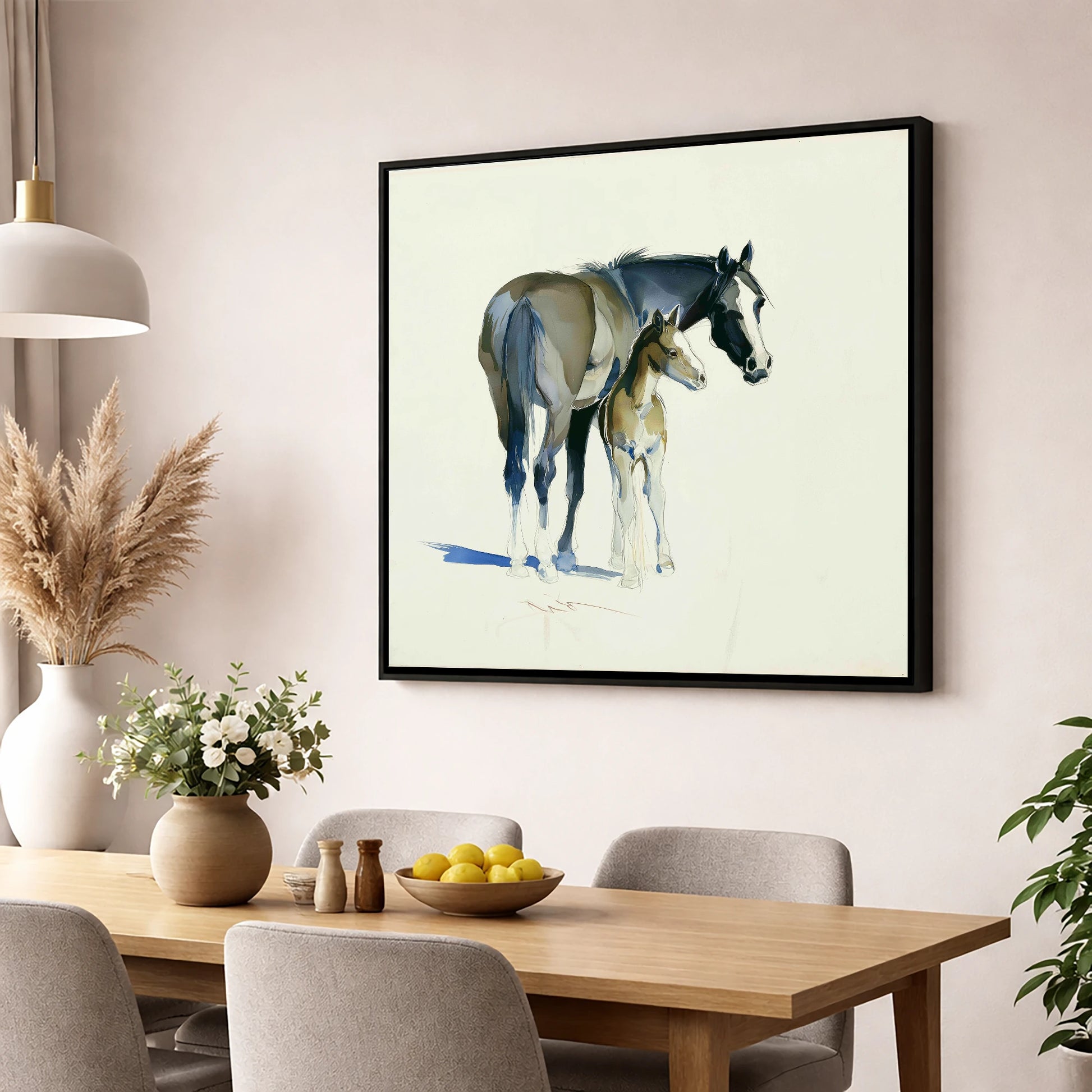 Gentle Guidance mare & foal wall art displayed in a dining room