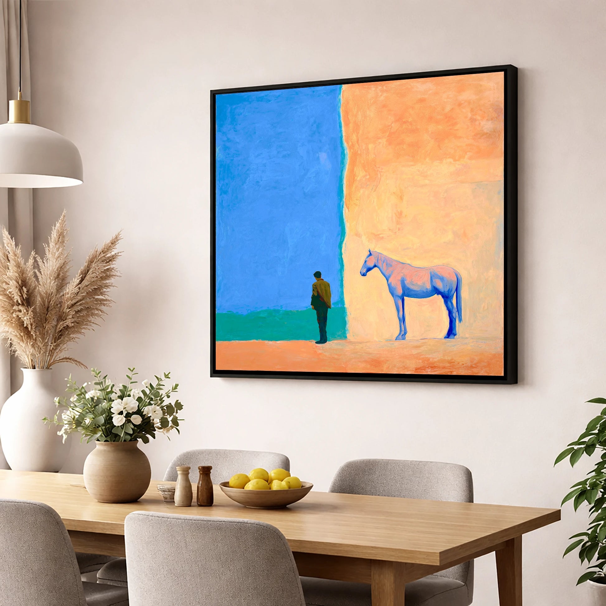 Silent Understanding horse & rider wall art displayed in a dining room
