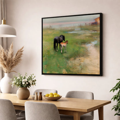 Morning on the Marsh mare & foal wall art displayed in a dining room