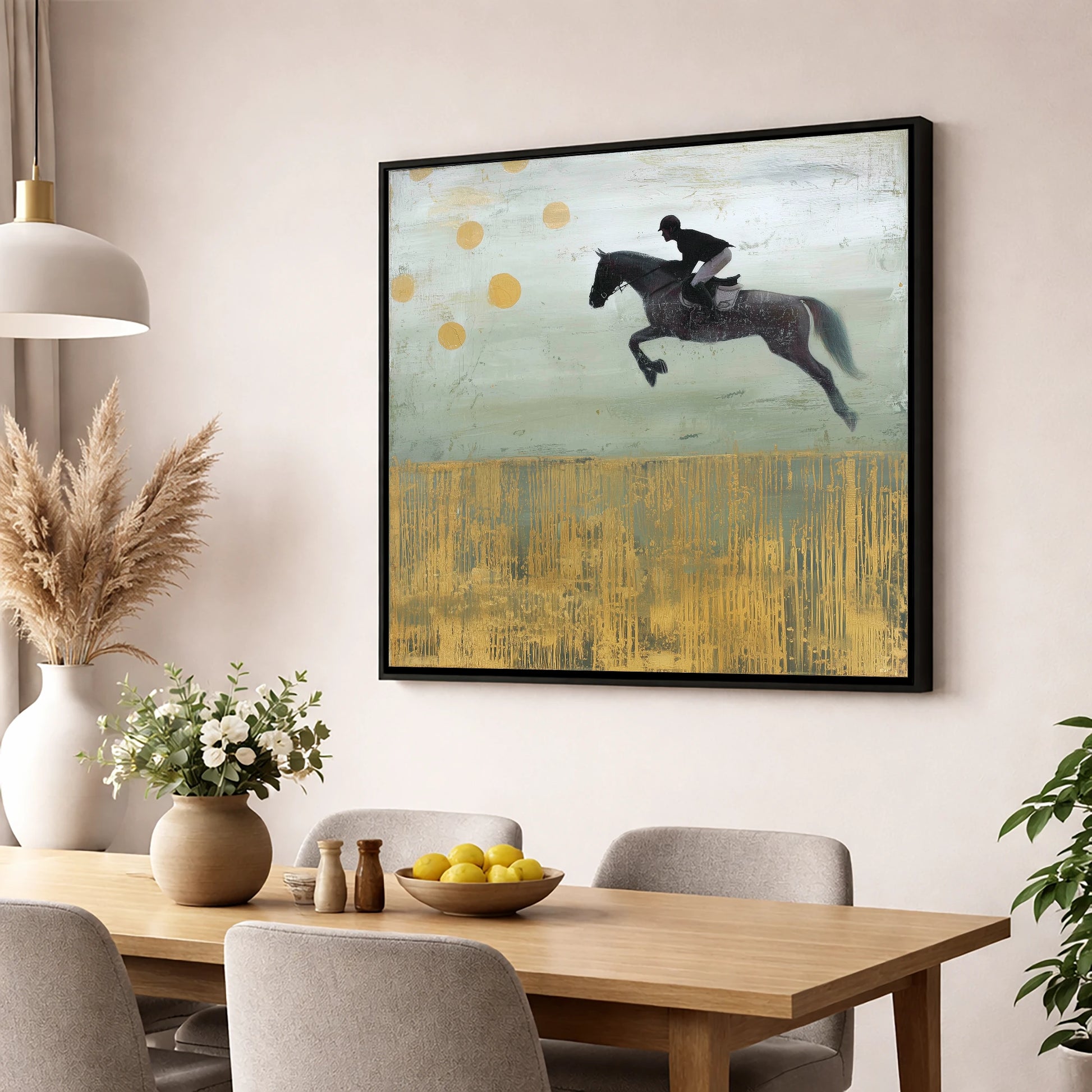 Gilded Flight show jumping horse wall art displayed in a dining room