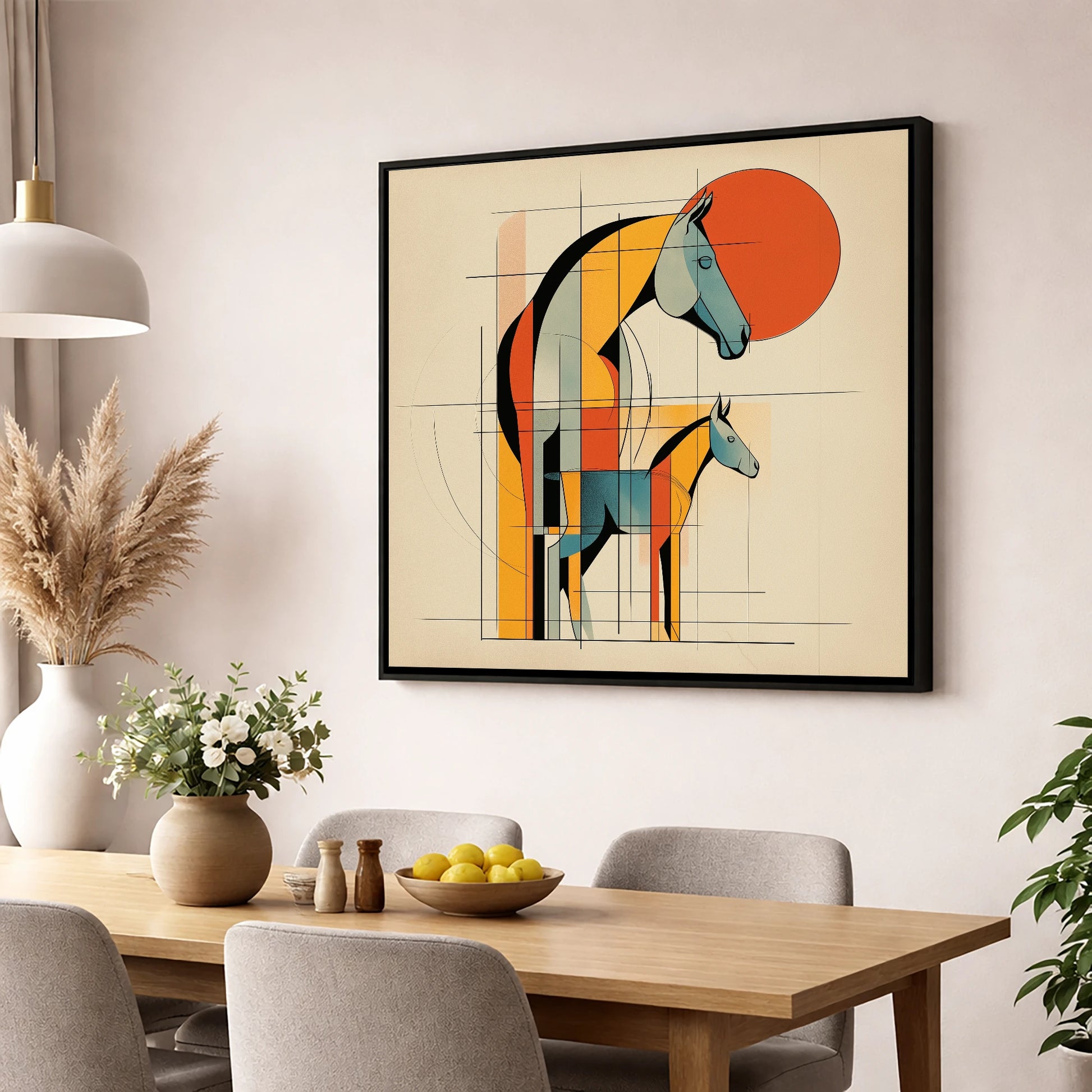 Structured Equine Harmony mare & foal wall art displayed in a dining room