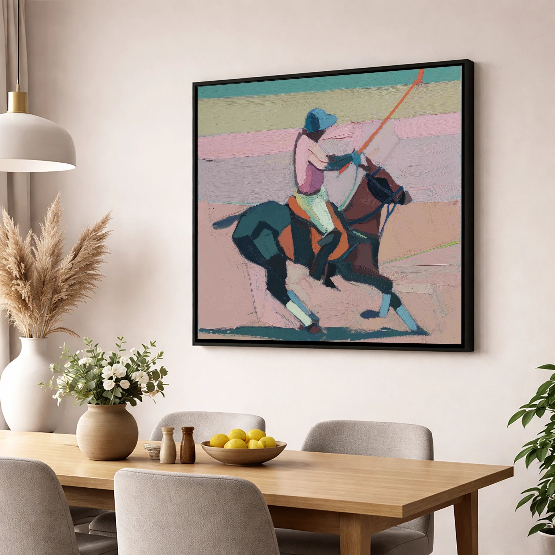 Dusty Rose Chukka polo horse wall art displayed in a dining room
