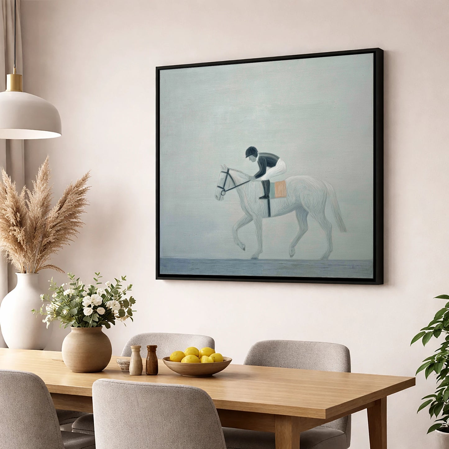 The Quiet Contender racing horse wall art displayed in a dining room