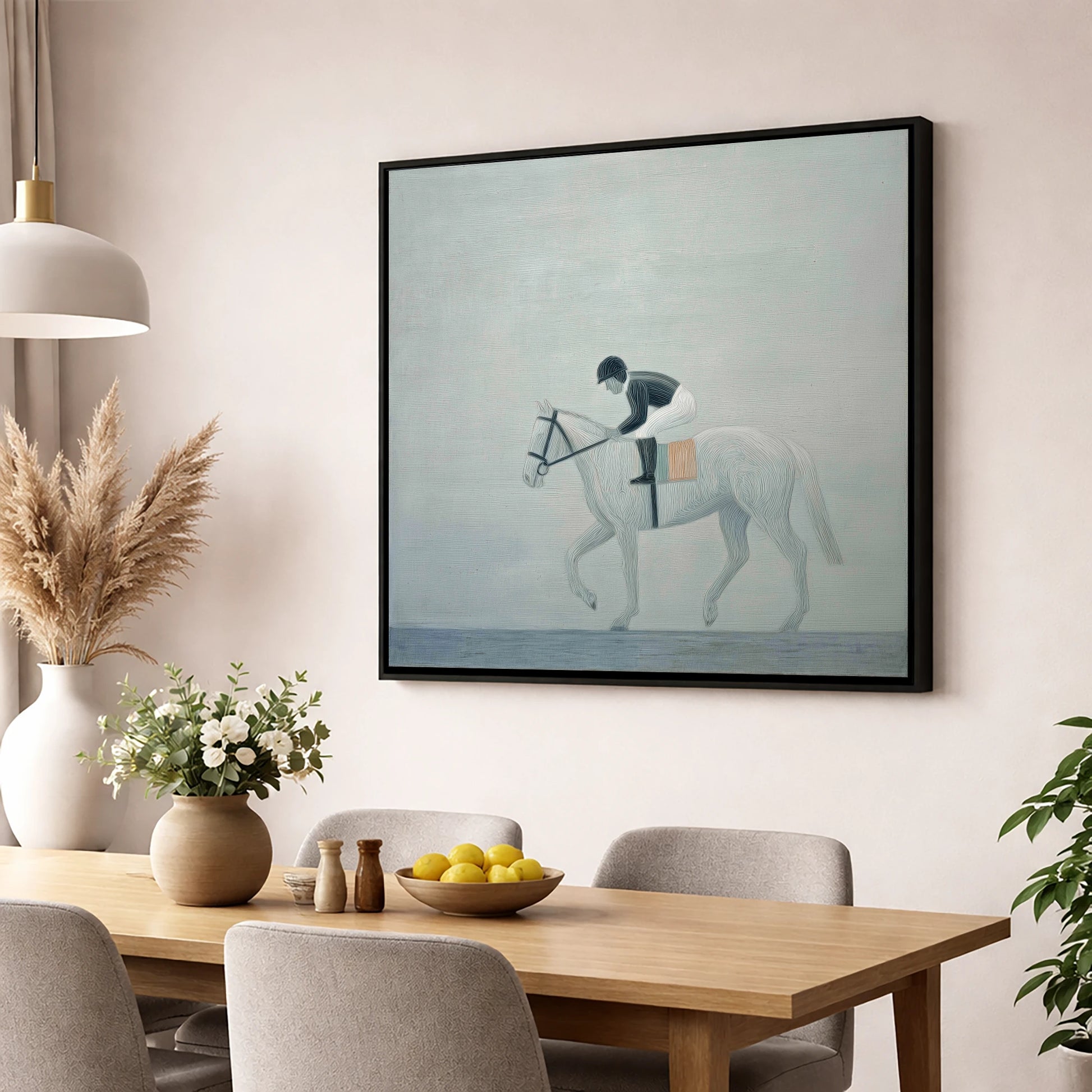 The Quiet Contender racing horse wall art displayed in a dining room