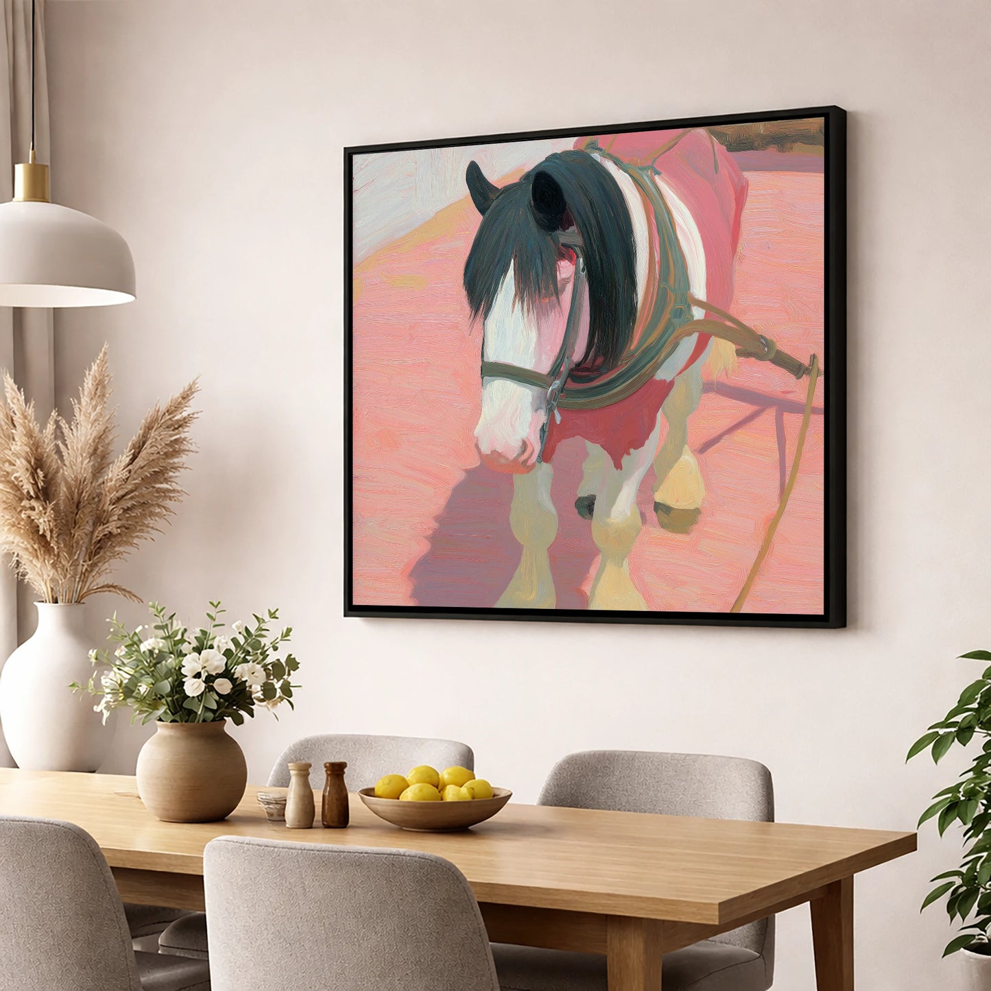 The Patient Draught working horse wall art displayed in a dining room