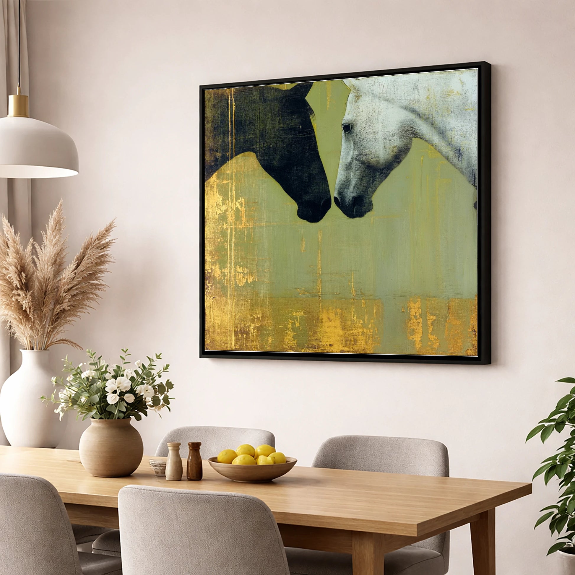Quiet Connection horse portrait wall art displayed in a dining room