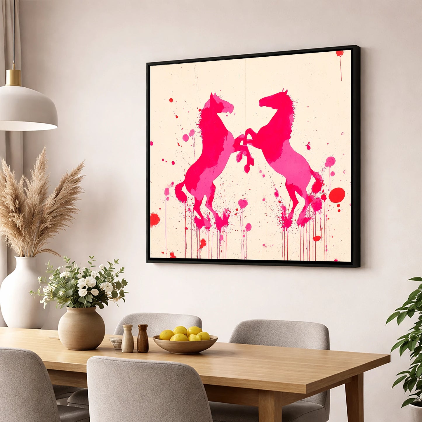 Rearing in Magenta wild horses wall art displayed in a dining room