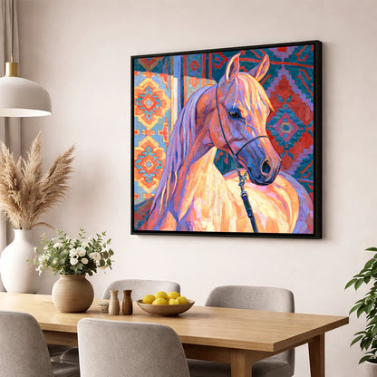 Colourful Arabian Horse Portrait horse breed wall art displayed in a dining room