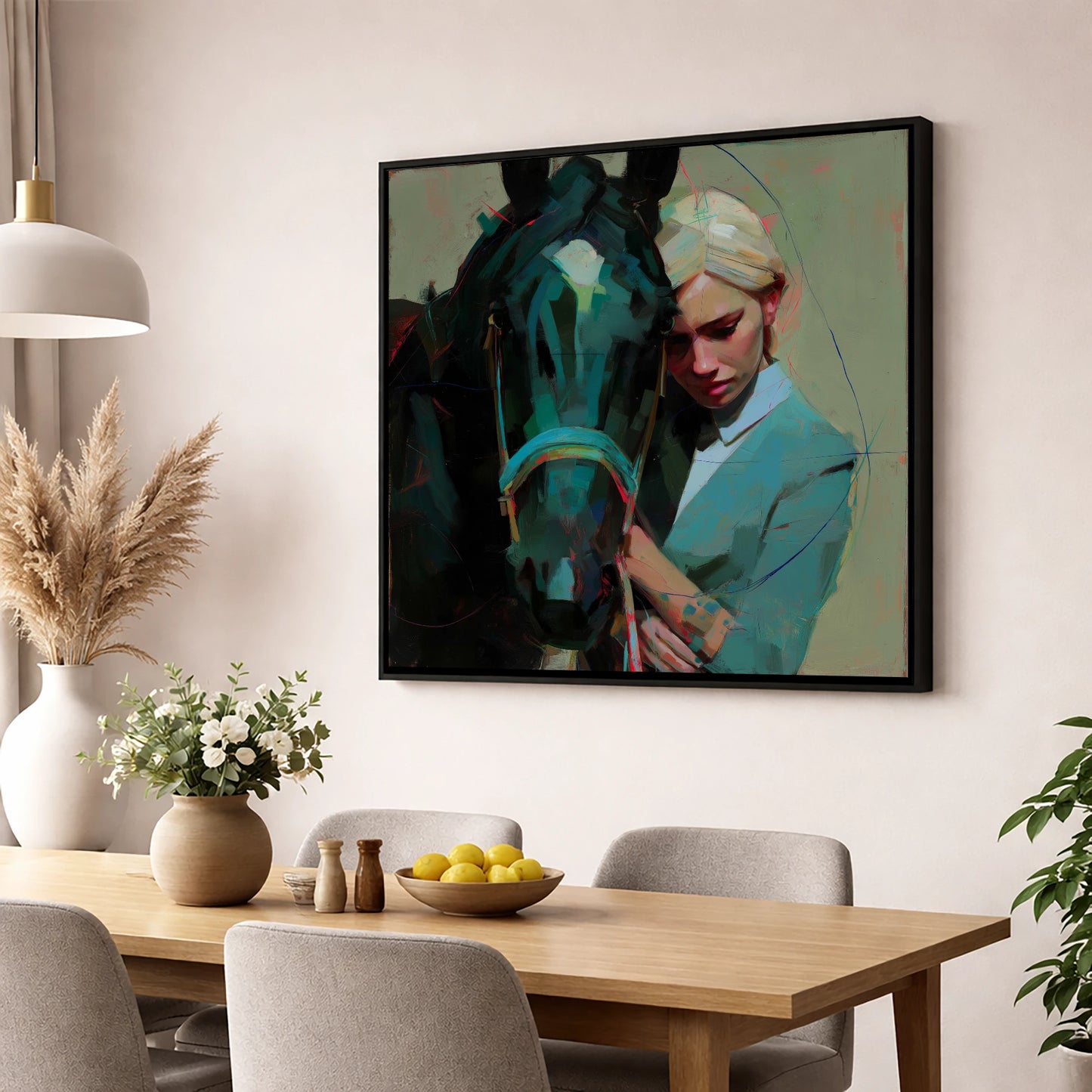 Silent Understanding horse & rider wall art displayed in a dining room