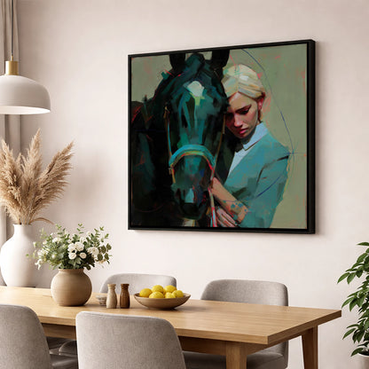 Silent Understanding horse & rider wall art displayed in a dining room