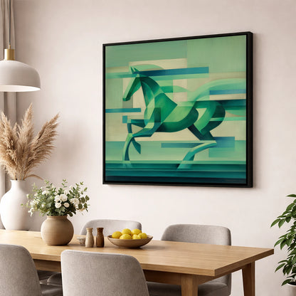 Abstract Emerald Canter horse portrait wall art displayed in a dining room