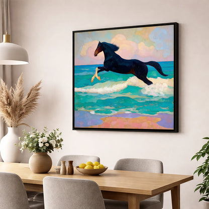 Cresting the Tide beach horse wall art displayed in a dining room