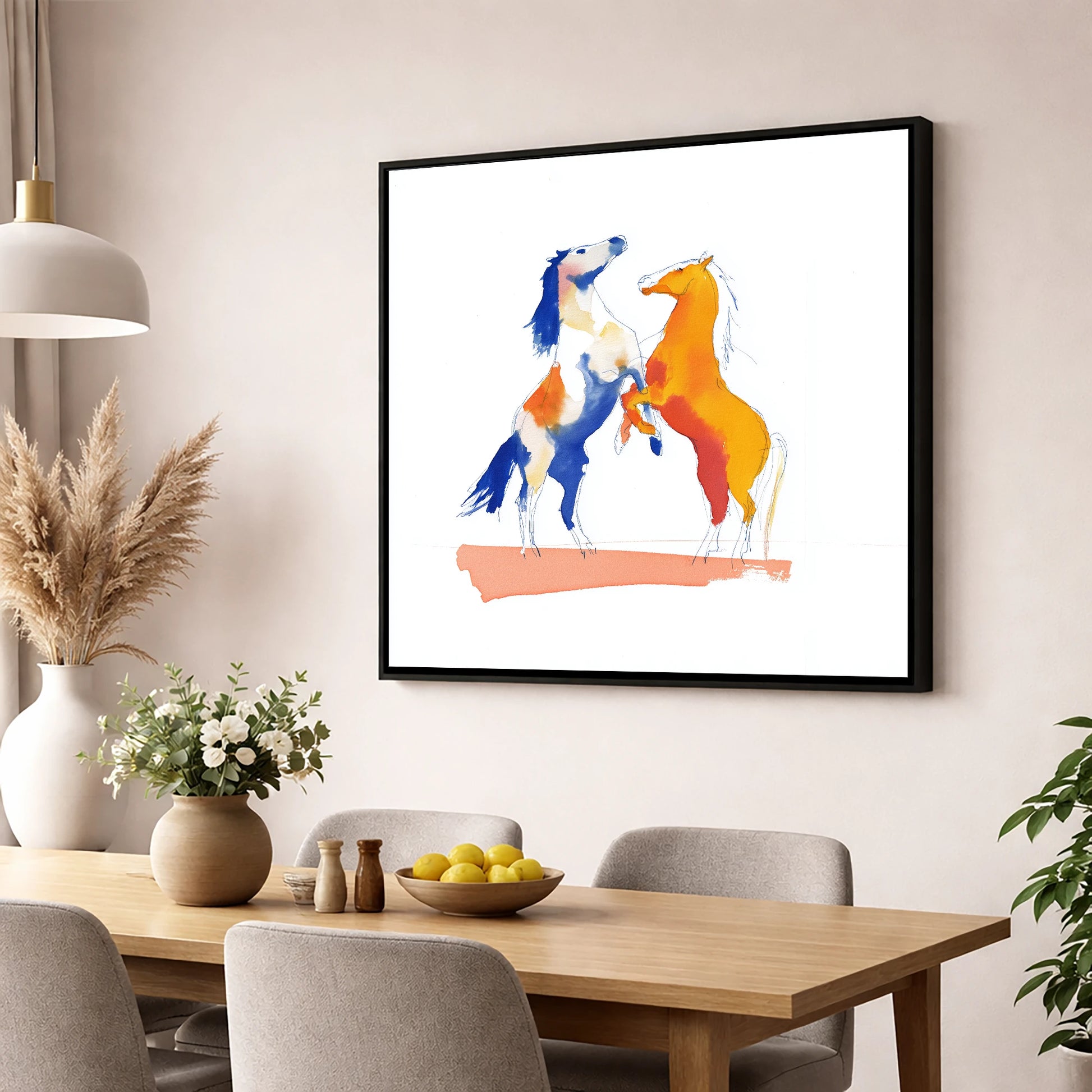 Clash of Colours wild horses wall art displayed in a dining room