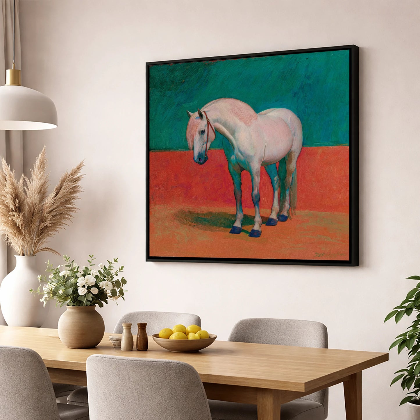 The Painted Grey horse breed wall art displayed in a dining room