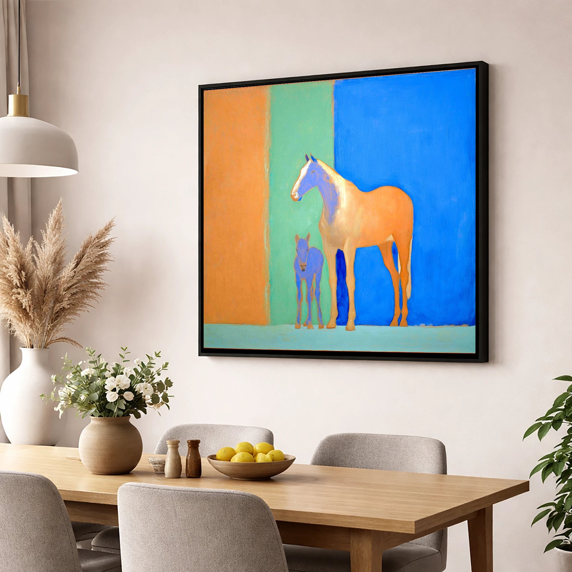 Cobalt and Sand mare & foal wall art displayed in a dining room