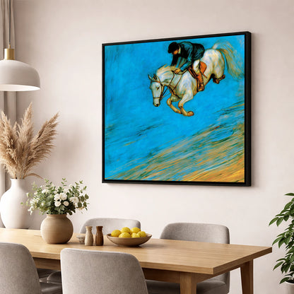 Cerulean Flight show jumping horse wall art displayed in a dining room