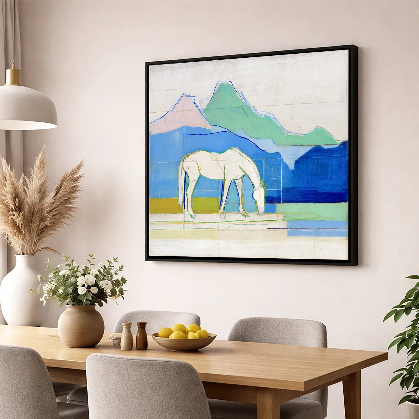 Abstract Azure Meadow horse landscape wall art displayed in a dining room