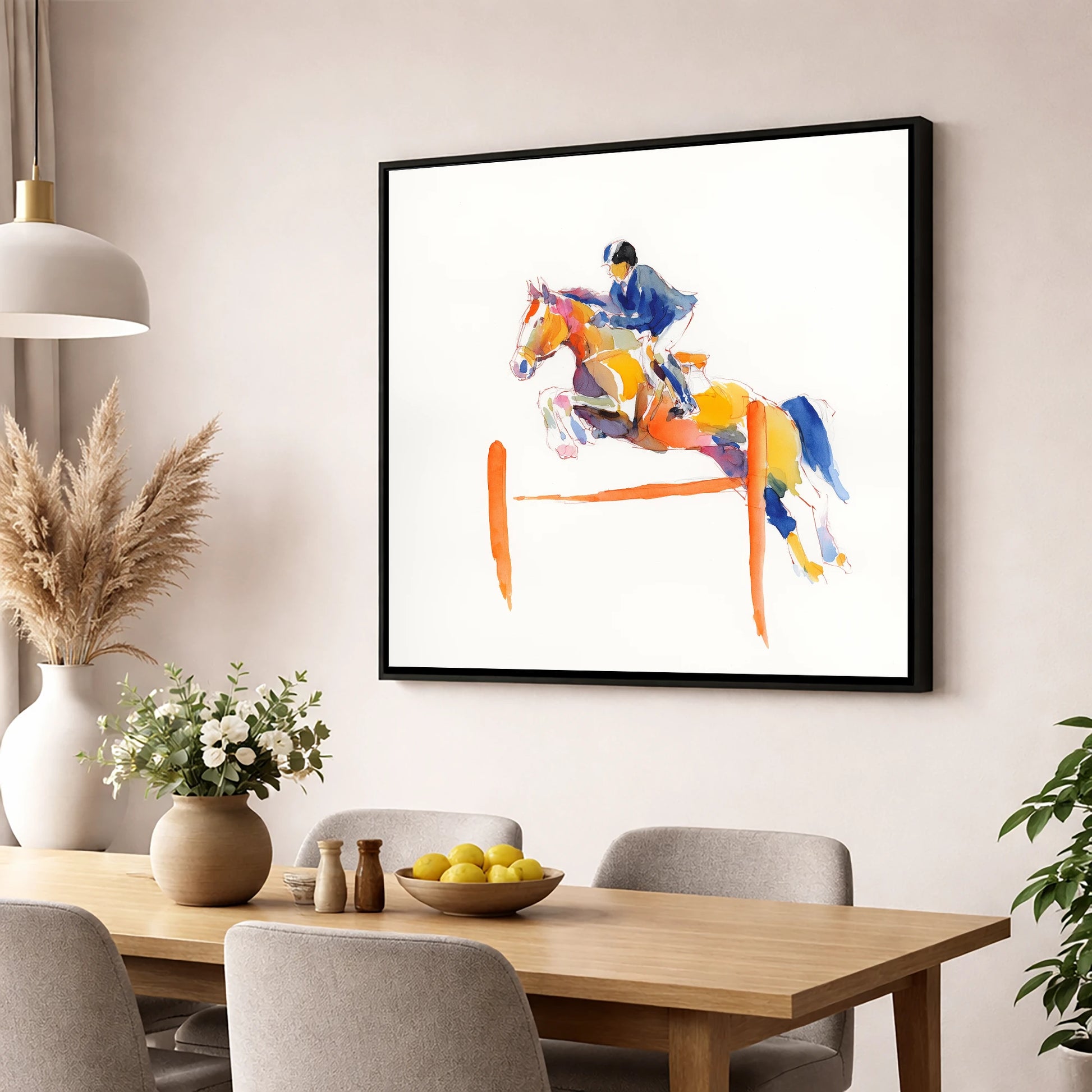 Vibrant Clear Round show jumping horse wall art displayed in a dining room