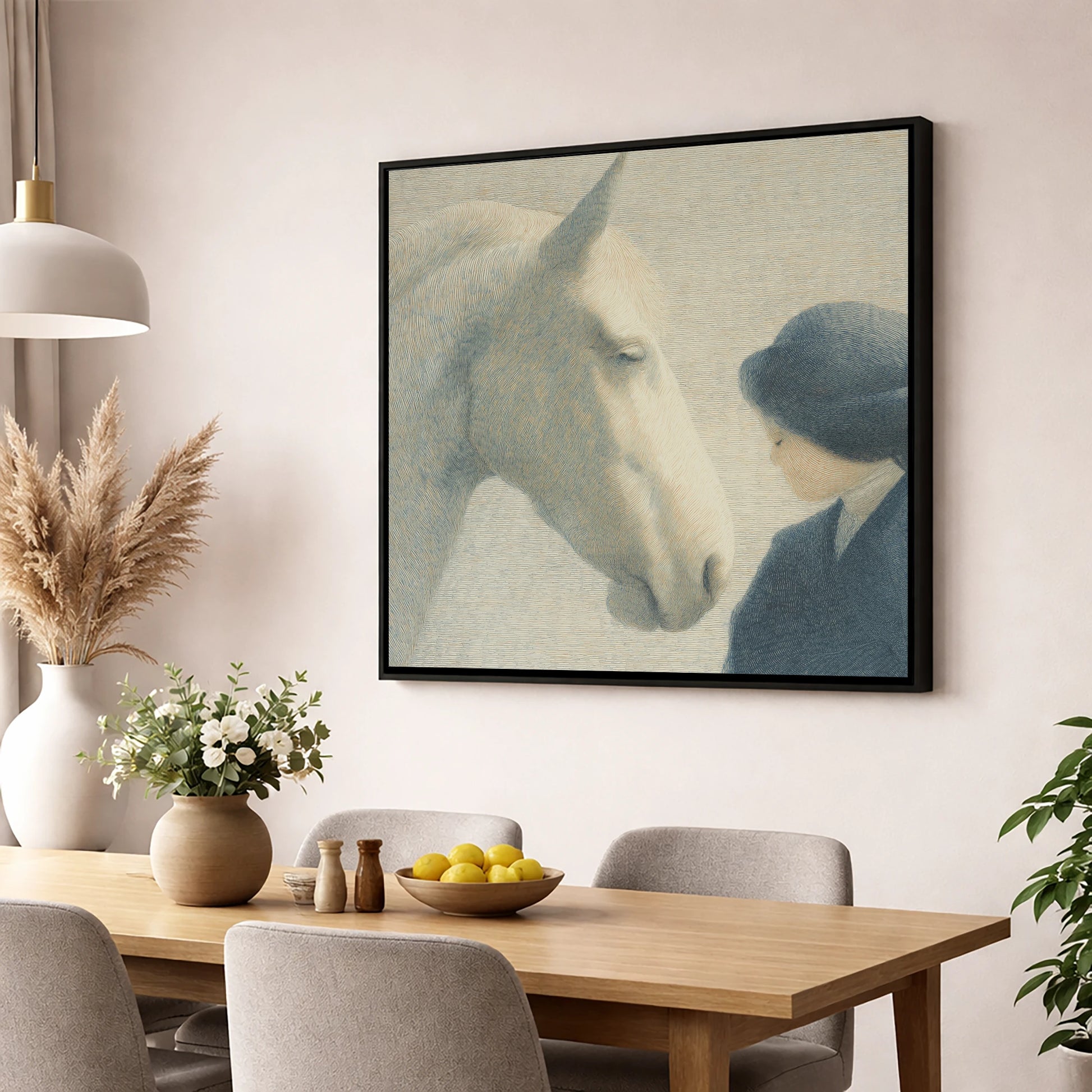 The Quiet Bond horse & rider wall art displayed in a dining room