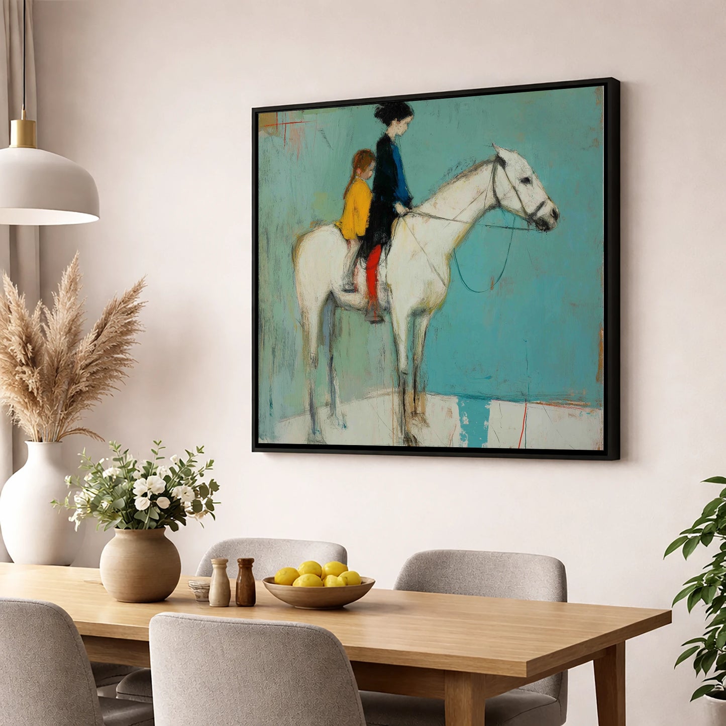 Companions in Colour horse & rider wall art displayed in a dining room