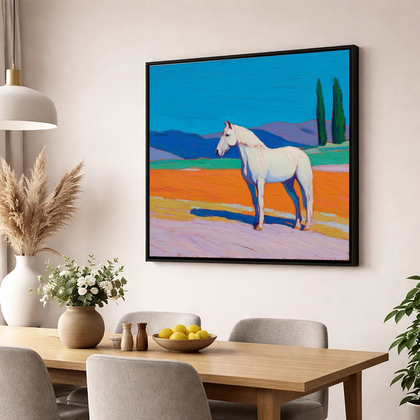 Radiant White Equine horse breed wall art displayed in a dining room