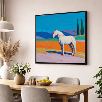 Radiant White Equine horse breed wall art displayed in a dining room