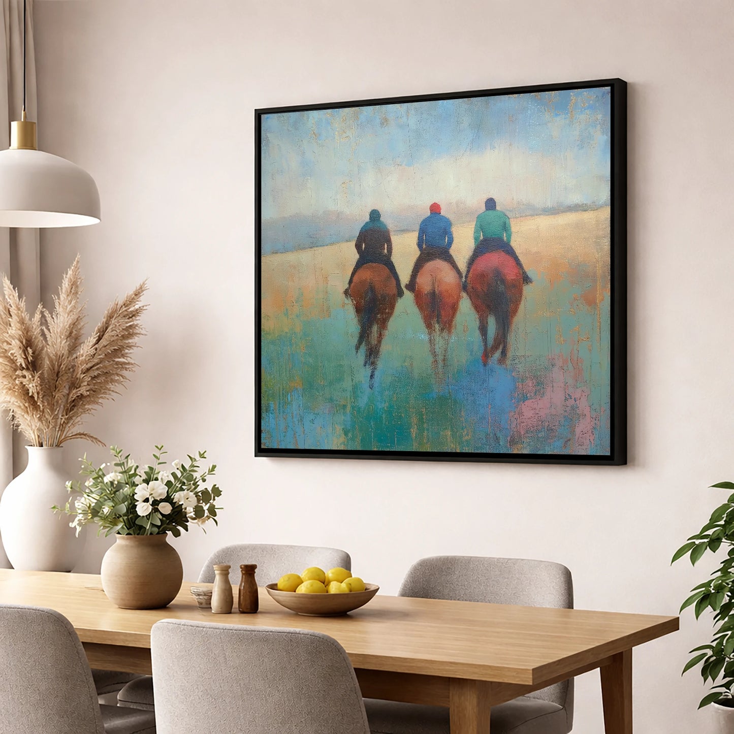 The Morning String racing horse wall art displayed in a dining room