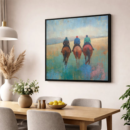 The Morning String racing horse wall art displayed in a dining room