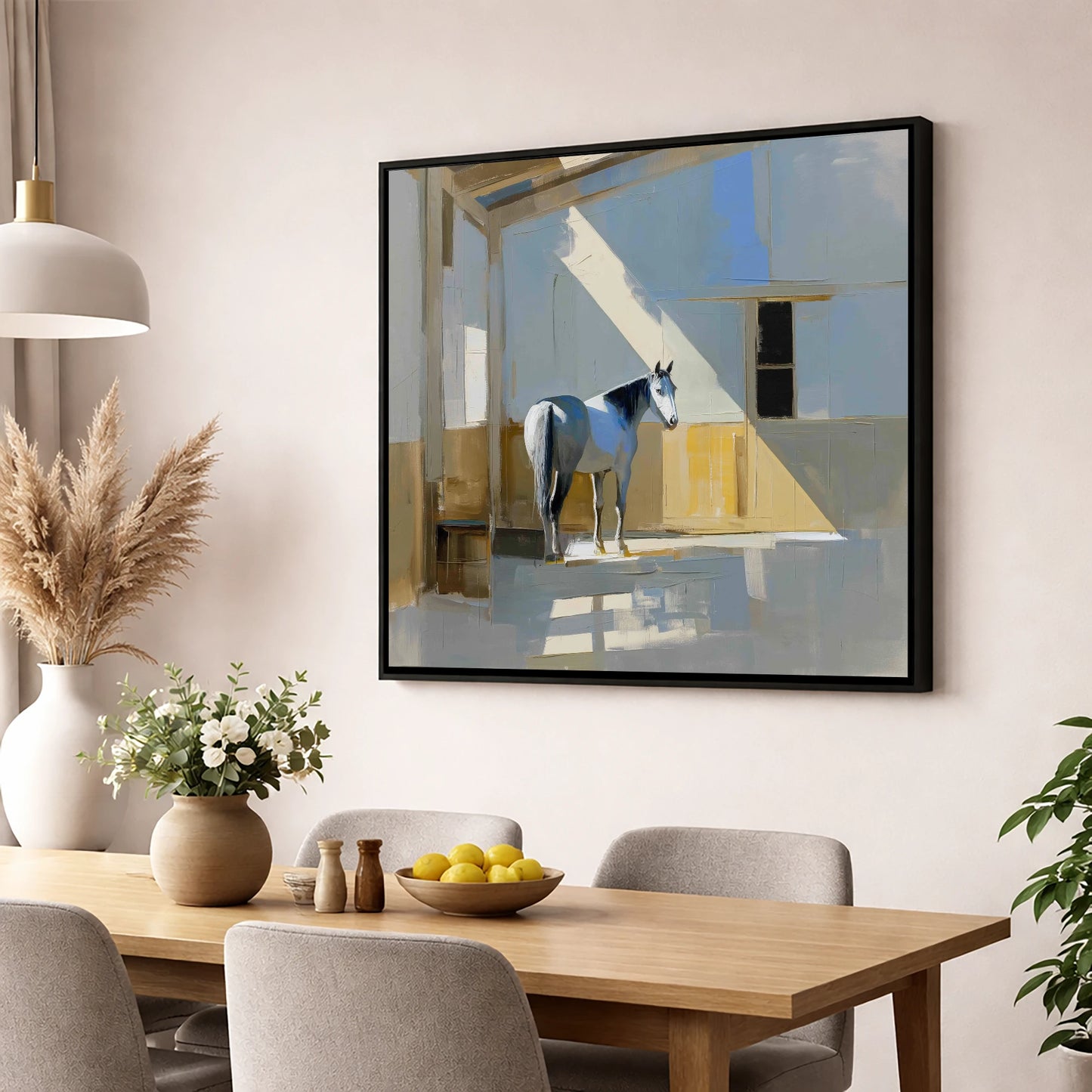The Sunlit Grey horse stable wall art displayed in a dining room