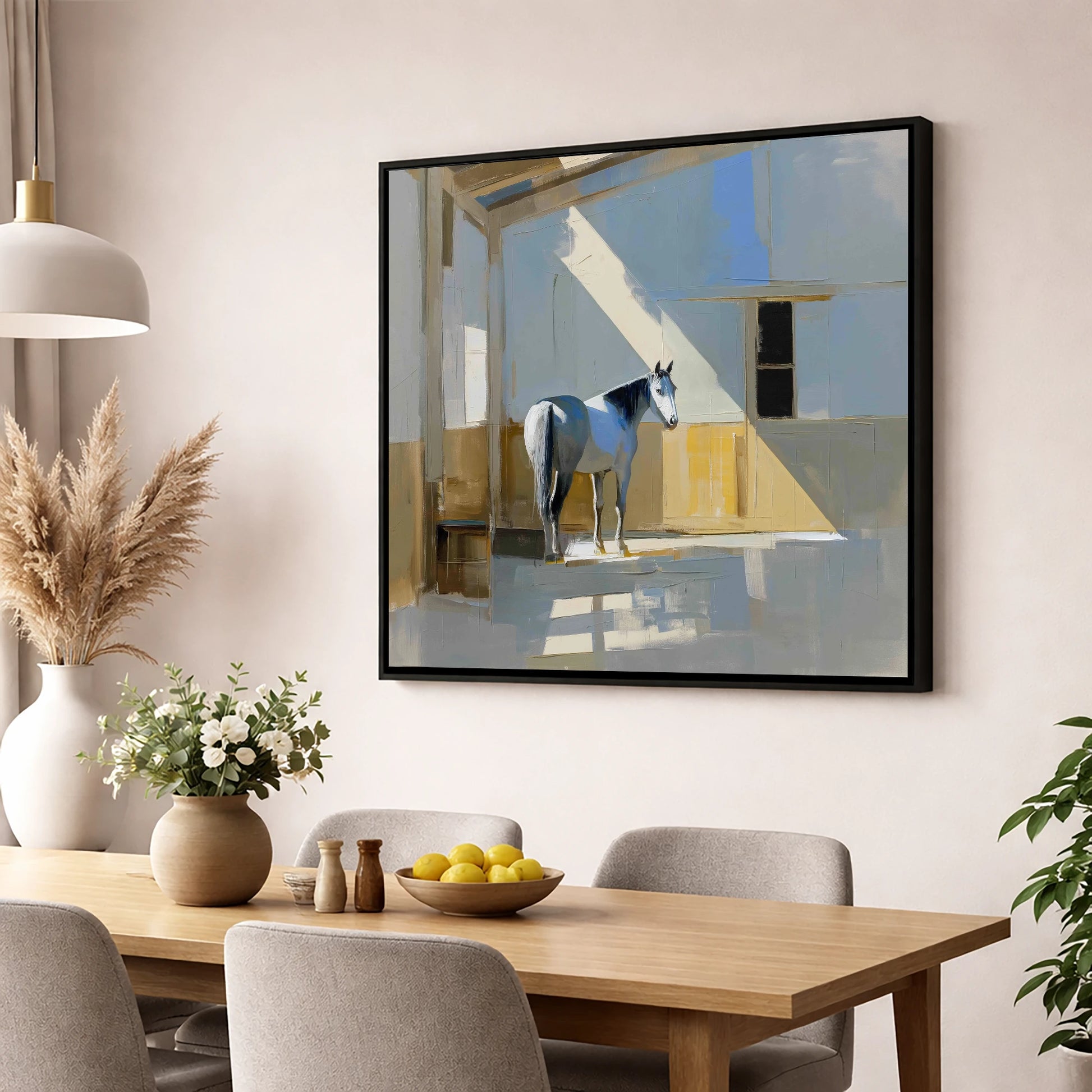 The Sunlit Grey horse stable wall art displayed in a dining room