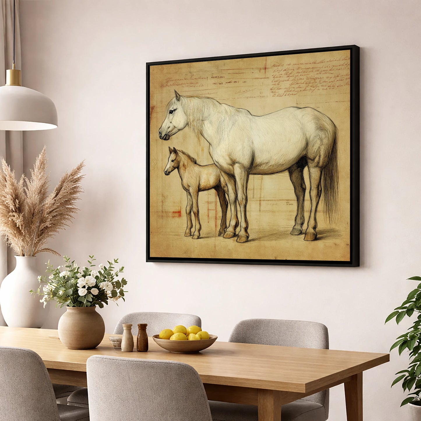 Heritage Mare and Foal Sketch mare & foal wall art displayed in a dining room