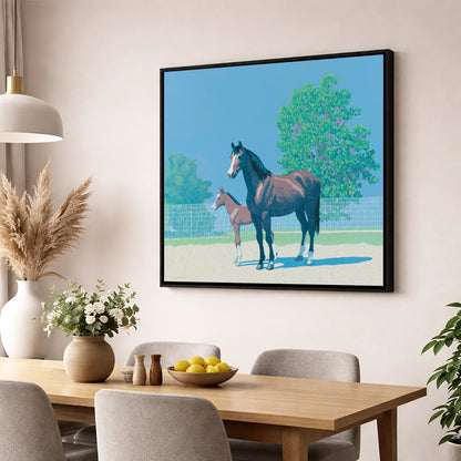 Summer Paddock Serenity mare & foal wall art displayed in a dining room