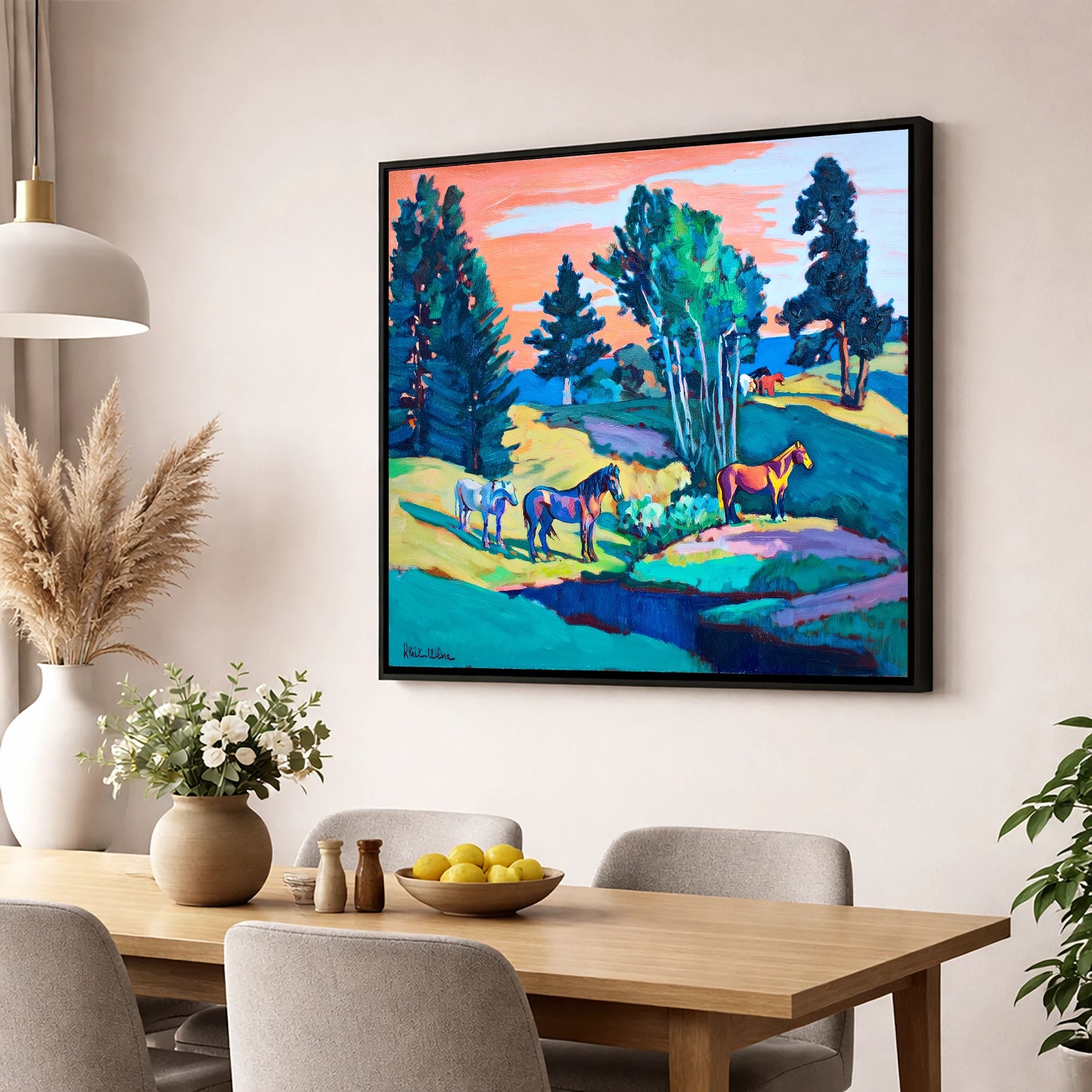 Vibrant Summer Pastures horse landscape wall art displayed in a dining room