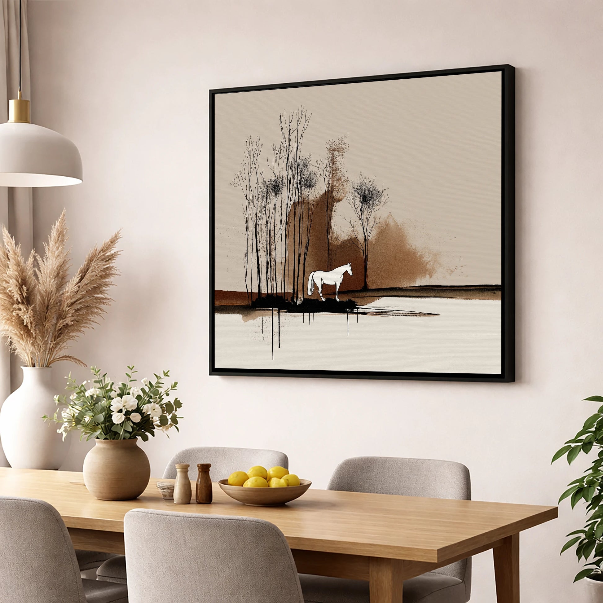 Sepia Woodland Solitude horse landscape wall art displayed in a dining room