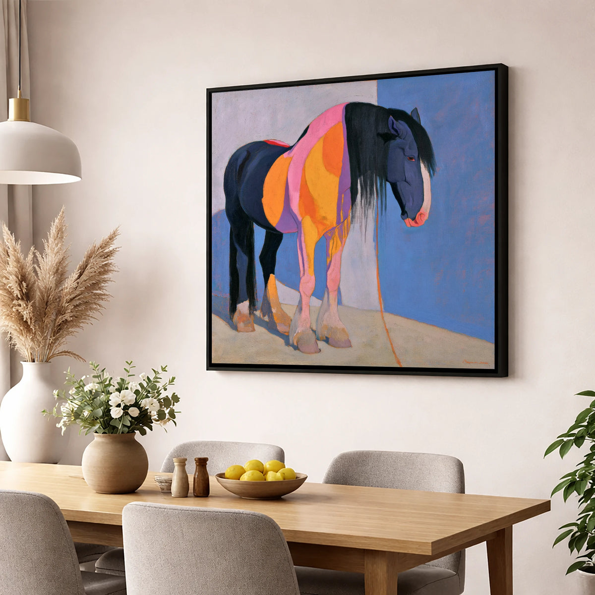 Vibrant Abstract Heavy Horse horse breed wall art displayed in a dining room