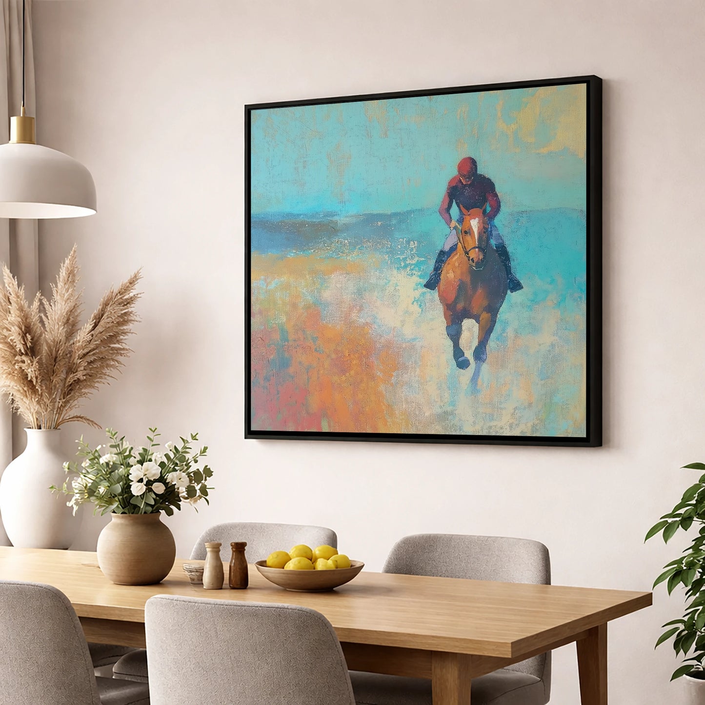 The Morning Gallop racing horse wall art displayed in a dining room
