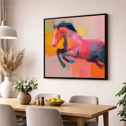 Fiery Leap show jumping horse wall art displayed in a dining room