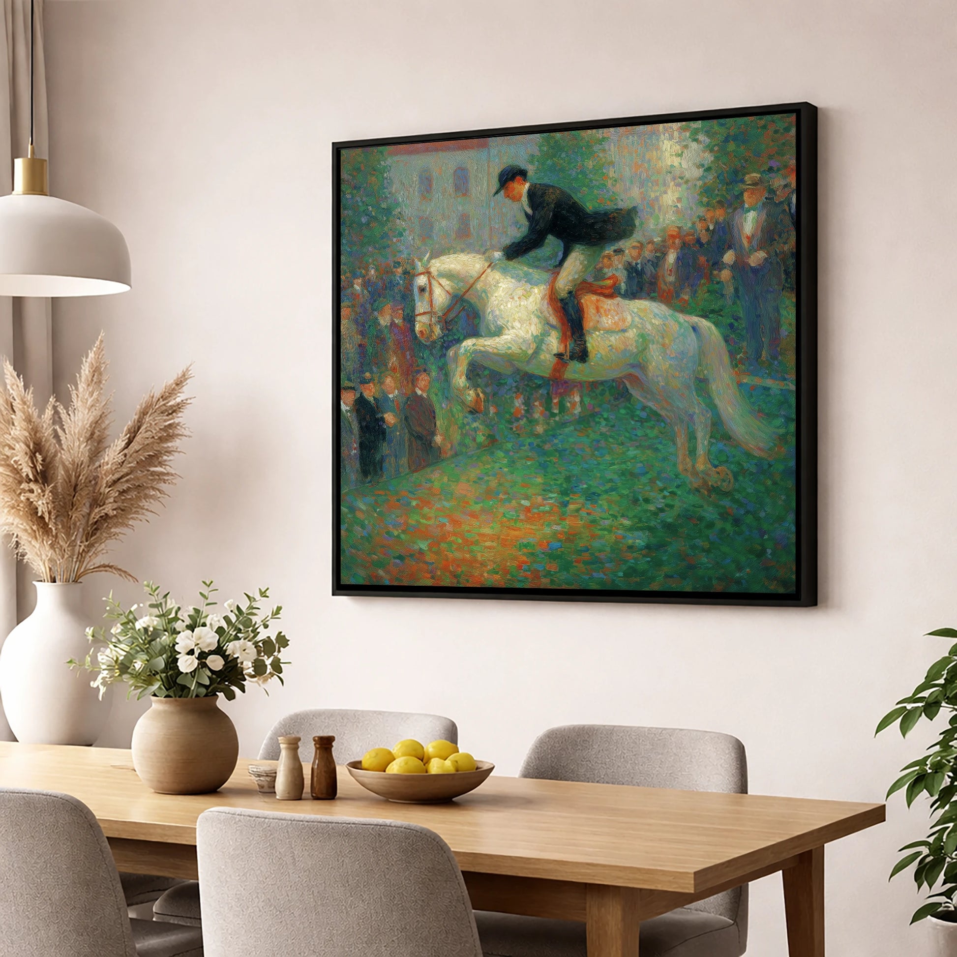 The Luminous Leap show jumping horse wall art displayed in a dining room