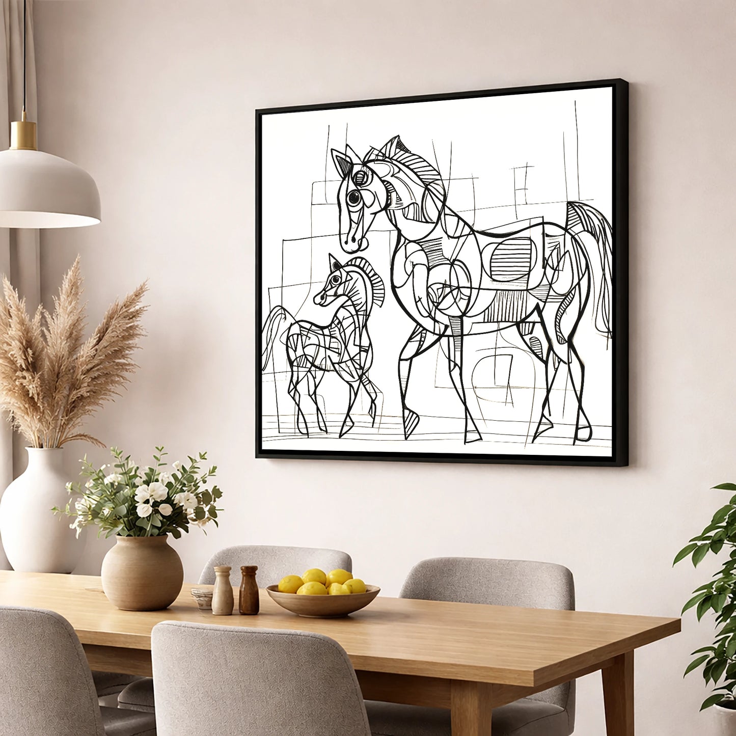 Linear Connection mare & foal wall art displayed in a dining room
