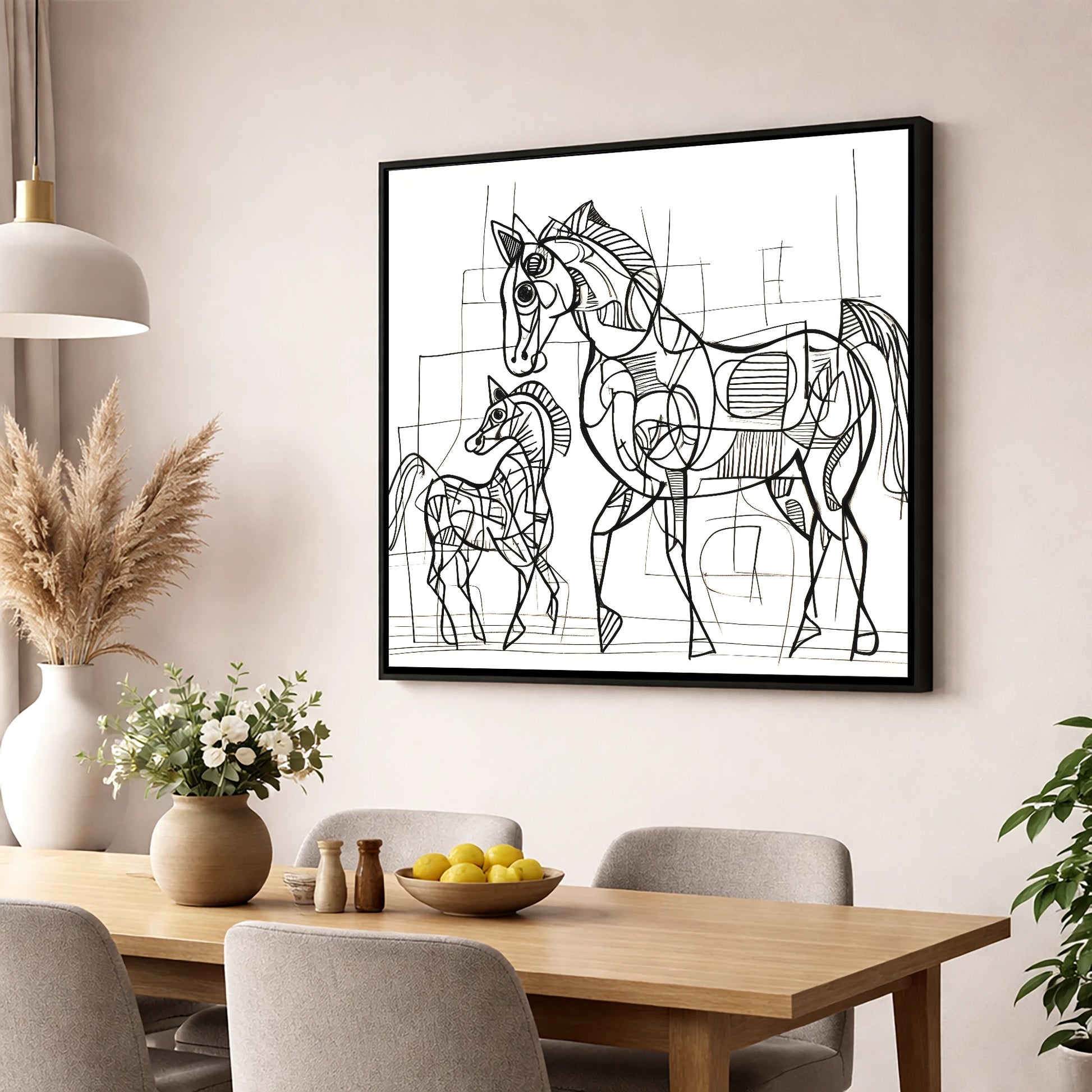 Linear Connection mare & foal wall art displayed in a dining room