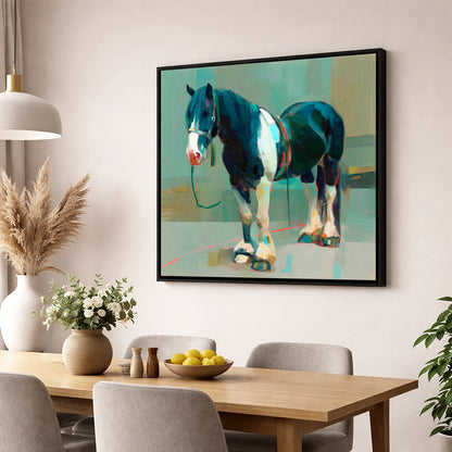 The Stoic Piebald horse breed wall art displayed in a dining room