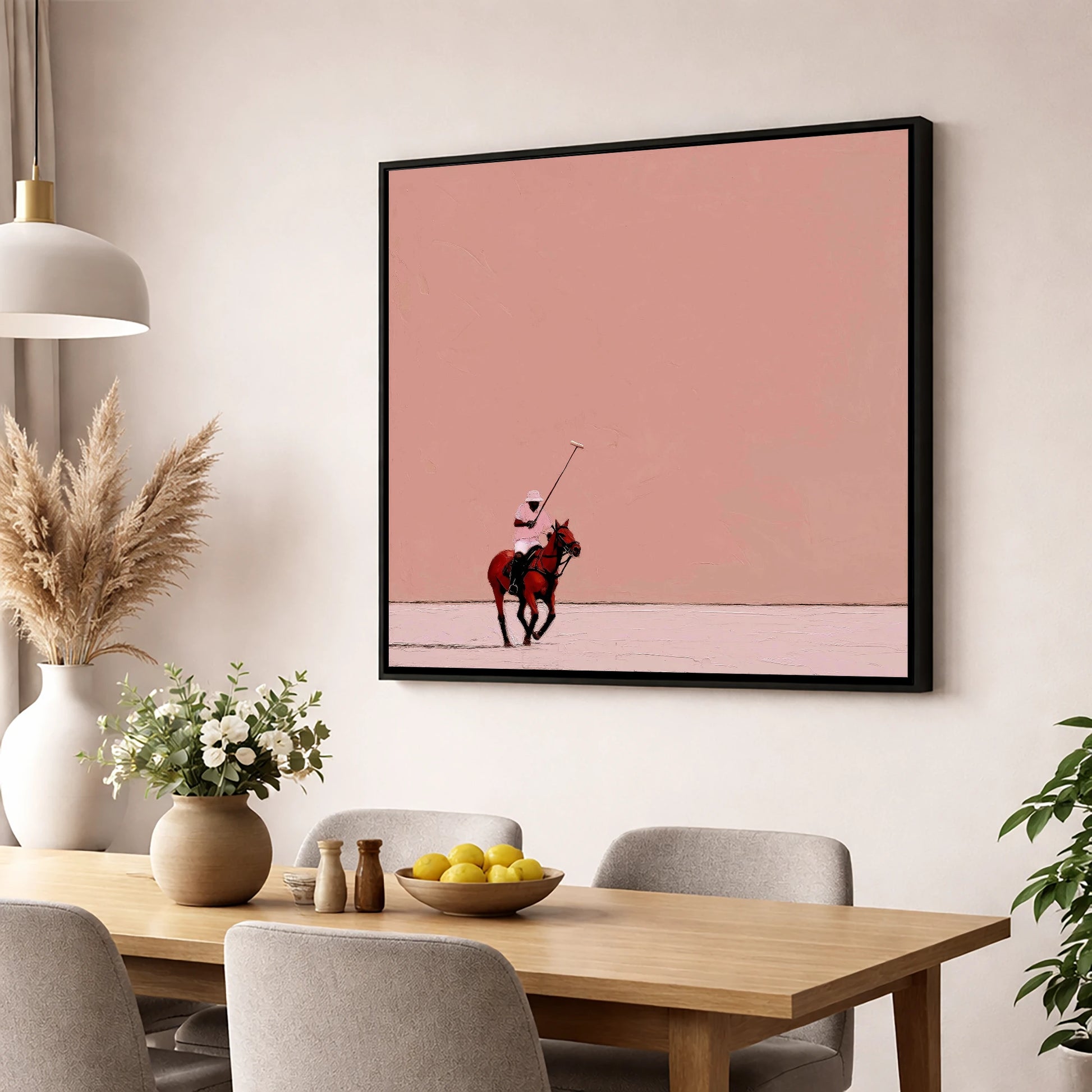 Dusty Rose Chukka polo horse wall art displayed in a dining room