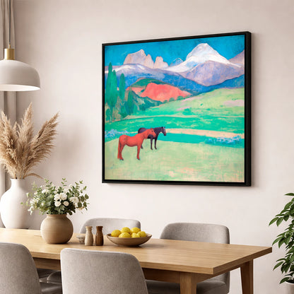 Crimson Mountain Companions horse landscape wall art displayed in a dining room