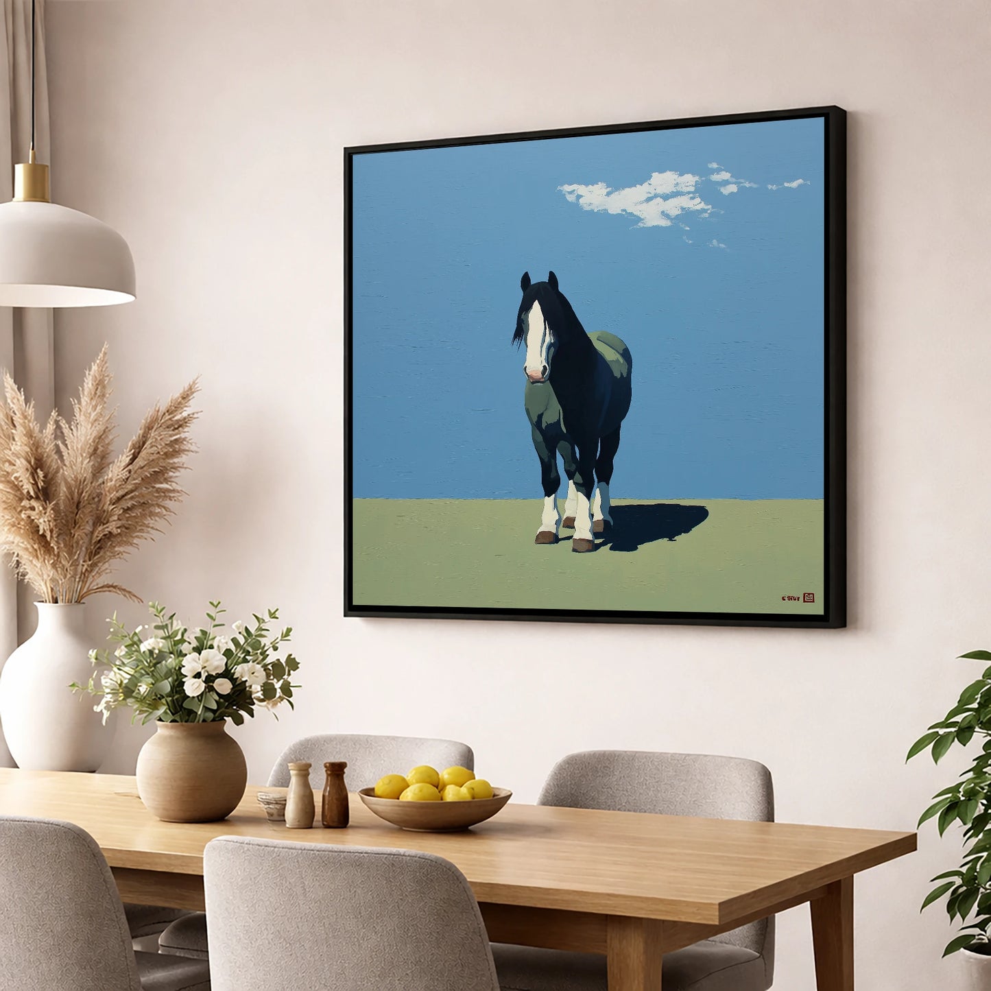 Cerulean and Shadow horse breed wall art displayed in a dining room