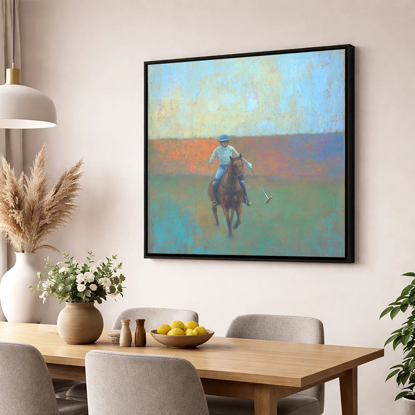 The Midfield Approach polo horse wall art displayed in a dining room