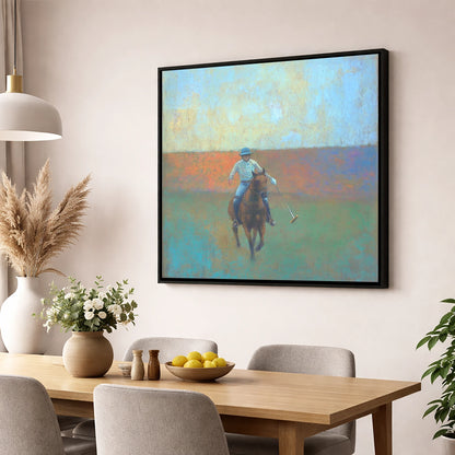 The Midfield Approach polo horse wall art displayed in a dining room