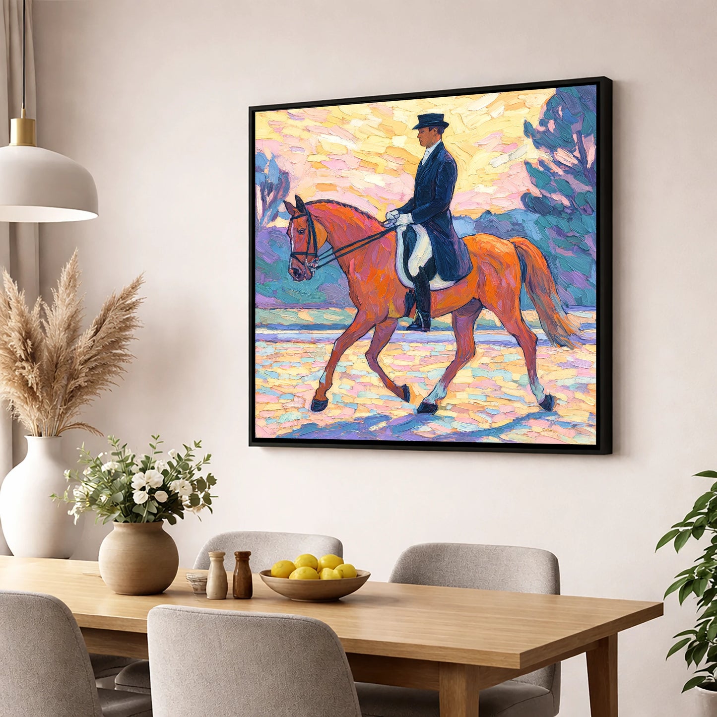 Painted Dressage Elegance dressage horse wall art displayed in a dining room