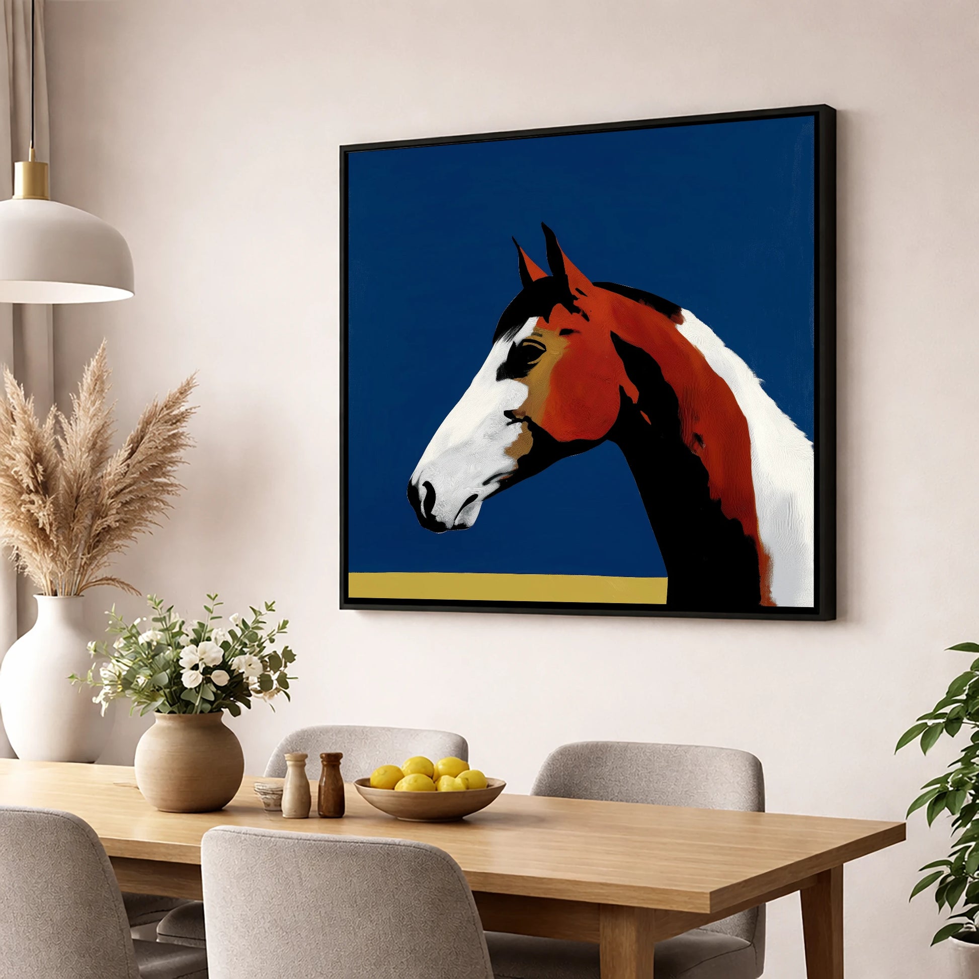 Vivid Profile in Azure horse portrait wall art displayed in a dining room